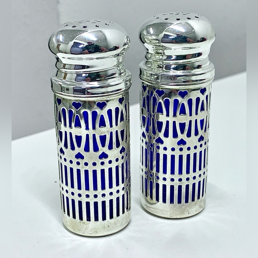 Mid Century Vintage Godinger Silver Plated Cobalt Glass Salt & Pepper Shakers